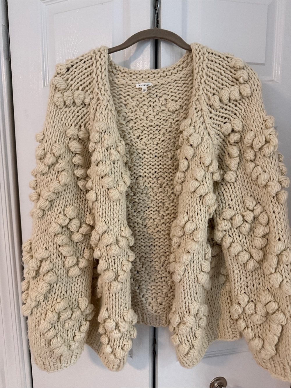 En Crème Cream Chunky Pom-Pom Open Front Cardigan Large